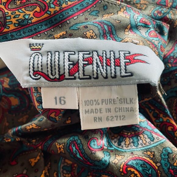 BEAUTIFUL QUEENIE Vtg‎ Paisley 100% Silk Blouse-Button Back-80's 90's- Olive-16 - Picture 8 of 8